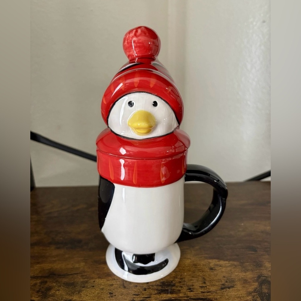 Ceramic Penguin Mug with Red Hat Lid